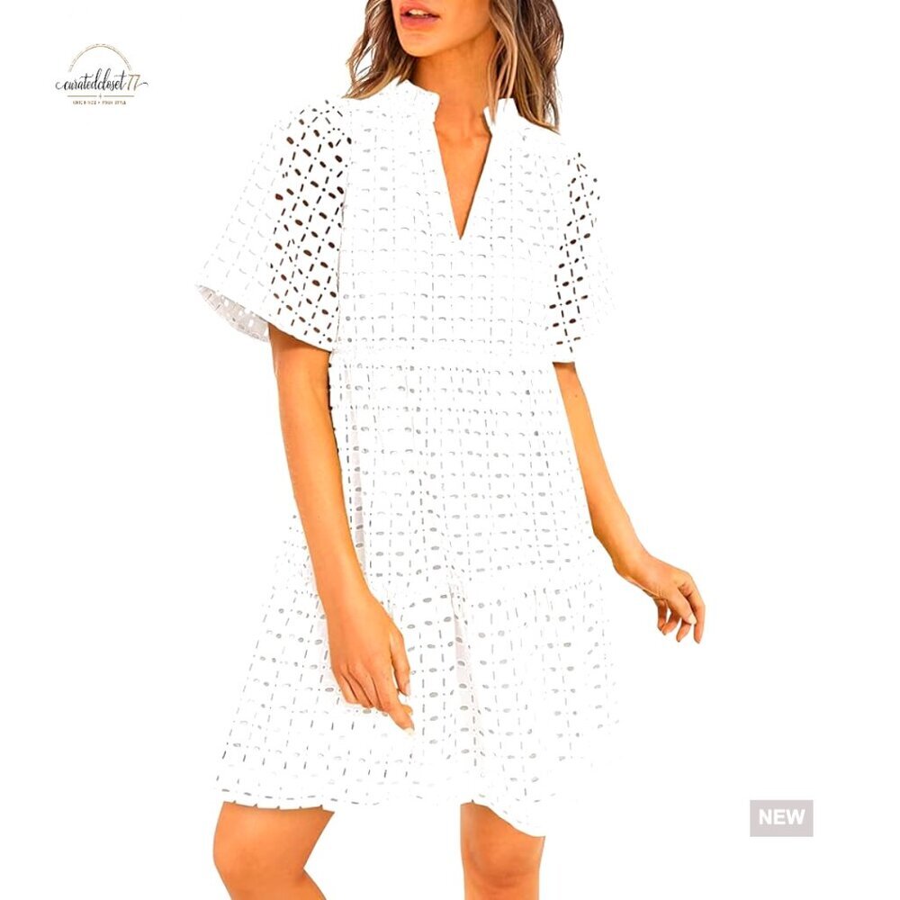 Summer Eyelet Mini Dress V-Neck Short Sleeve A-Line Boho Beach